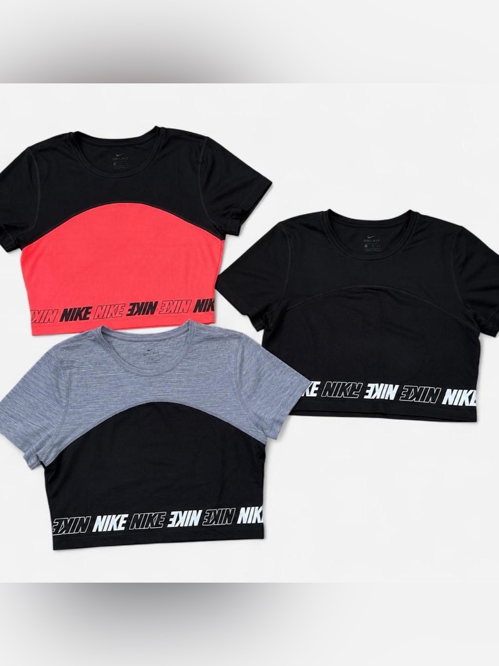 Nike Colorblock Mesh Crop Tee Trio - Black, Coral, Heather Gray